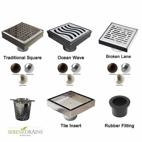 Collection of SereneDrains Square Shower drain covers and accessories with color options on a white background, branded as Serene Drains.