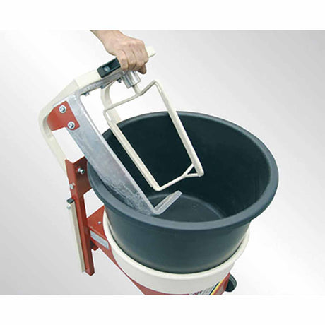 Jobsite mixing of mortar and tile adhesive using Raimondi IPERBET 110V power mixer with rotating bucket