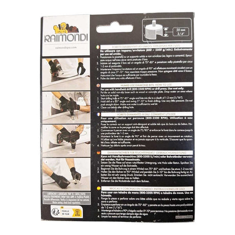 Raimondi wet drilling diamond bit for tile installation showing product images, instructions in Spanish and English, and a small product diagram on a white background.