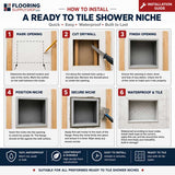 Step-by-step installation guide showing how to install a waterproof ready to tile shower niche between wall studs for a professional tiled shower.