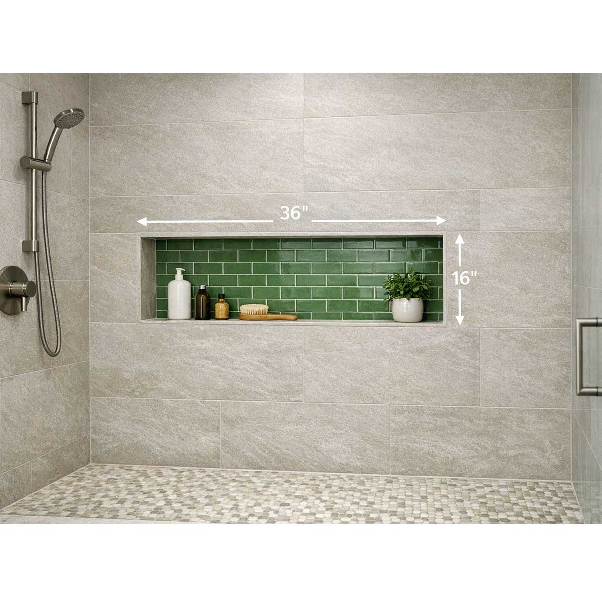 Recess-It 16 x 36 shower niche installed in a modern tiled shower