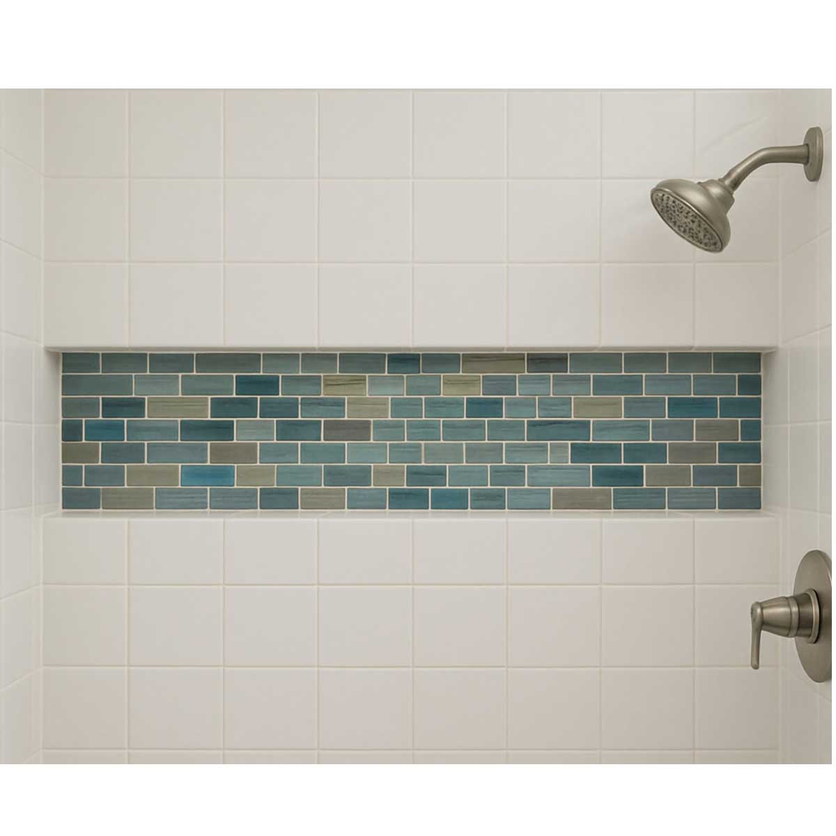 Luxury shower featuring Recess-It 16 x 72 recessed shower niche