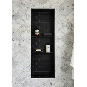 Large walk-in shower with Recess-It adjustable 16 x 72 shower niche