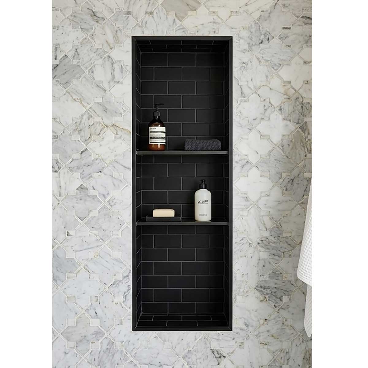 Large walk-in shower with Recess-It adjustable 16 x 72 shower niche