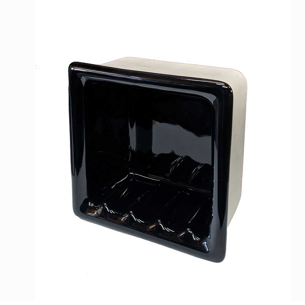 Black glossy 6x6 recessed porcelain soap dish side depth view