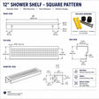 SereneDrains 12 inch rectangular stainless steel shower shelf with square pattern and installation hardware