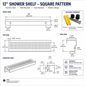 SereneDrains 12 inch rectangular stainless steel shower shelf with square pattern and installation hardware