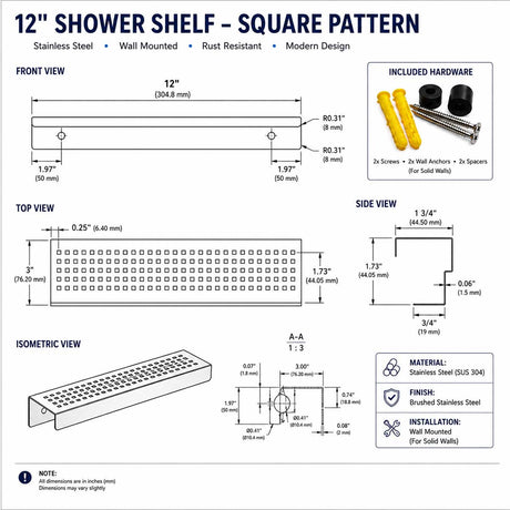 SereneDrains 12 inch rectangular stainless steel shower shelf with square pattern and installation hardware