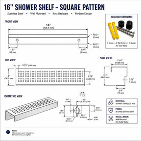 SereneDrains 16 inch rectangular stainless steel shower shelf with square pattern and installation hardware