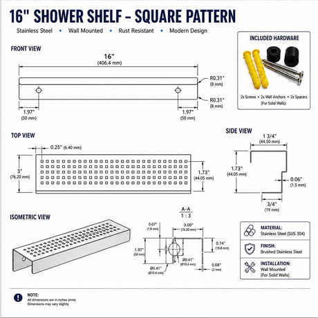 SereneDrains 16 inch rectangular stainless steel shower shelf with square pattern and installation hardware
