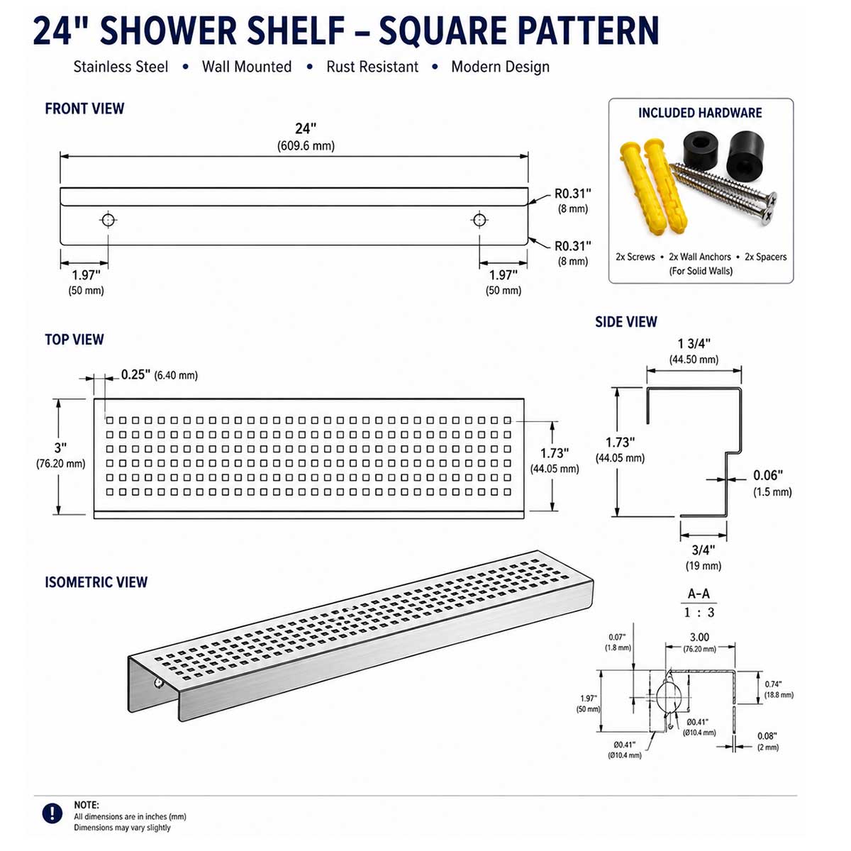 SereneDrains 24 inch rectangular stainless steel shower shelf with square pattern and installation hardware