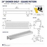 SereneDrains 24 inch rectangular stainless steel shower shelf with square pattern and installation hardware