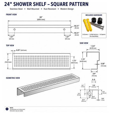 SereneDrains 24 inch rectangular stainless steel shower shelf with square pattern and installation hardware