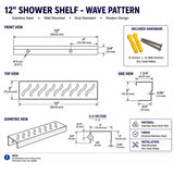 SereneDrains Rectangular 12 Inch Wave Pattern Shower Shelf Technical Drawing