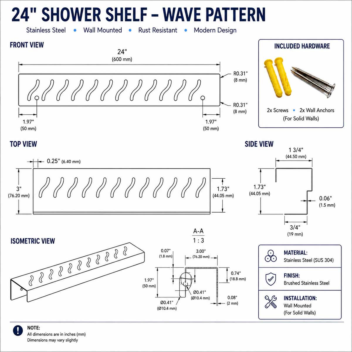 SereneDrains Rectangular 24 Inch Wave Pattern Shower Shelf Technical Drawing