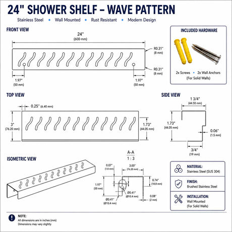 SereneDrains Rectangular 24 Inch Wave Pattern Shower Shelf Technical Drawing