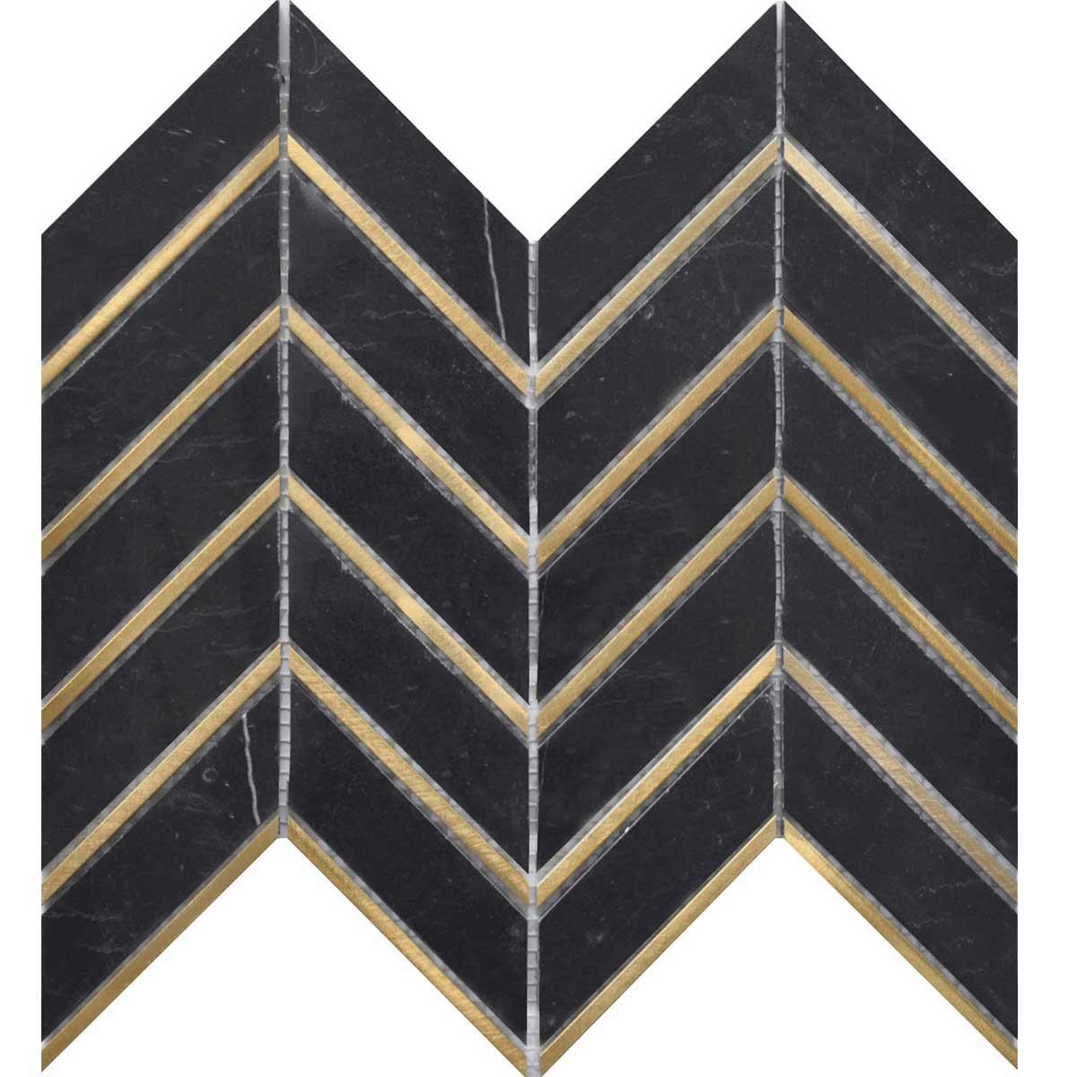 Nero Marquina black marble and gold metal narrow mosaic tile