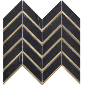 Nero Marquina black marble and gold metal narrow mosaic tile