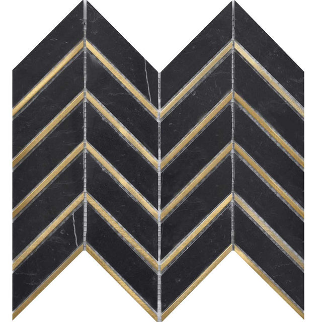 Nero Marquina black marble and gold metal narrow mosaic tile