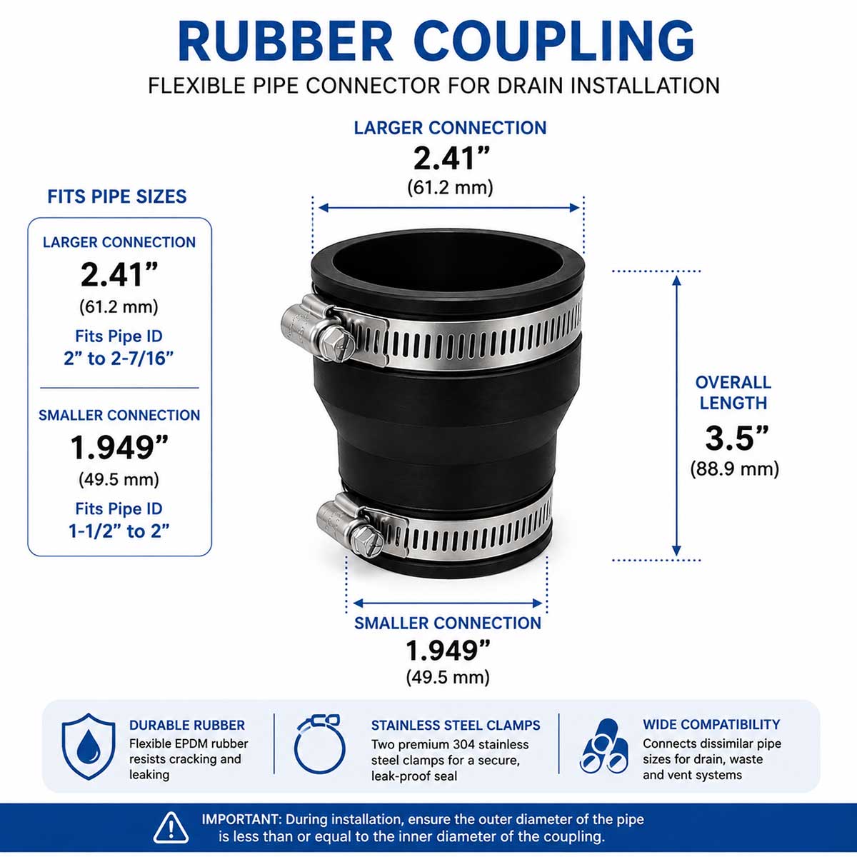 Rubber reducing coupling 1.949 inch and 2.41 inch connection dimensions