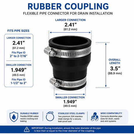 Rubber reducing coupling 1.949 inch and 2.41 inch connection dimensions