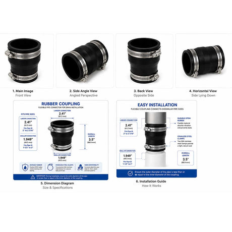 Flexible rubber reducing coupling installation with stainless steel clamps