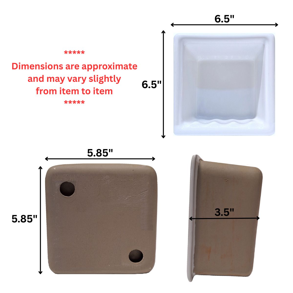 SereneDrains Ceramic Recessed Soap Dish White Glossy 6x6 Holder Shower Wall Mount Tray
