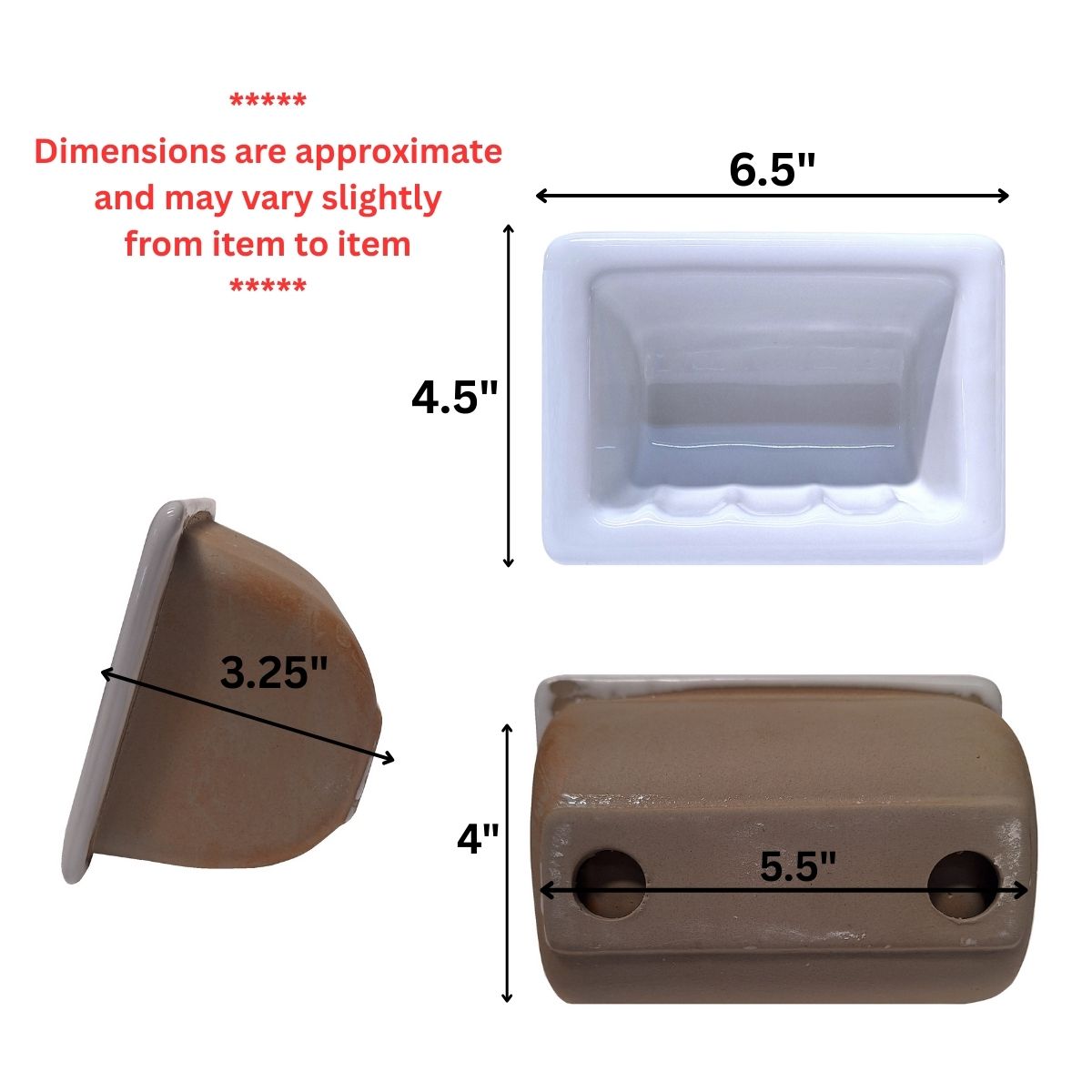 SereneDrains Ceramic Recessed Soap Dish White Glossy 6x4 Holder Shower Wall Mount Tray