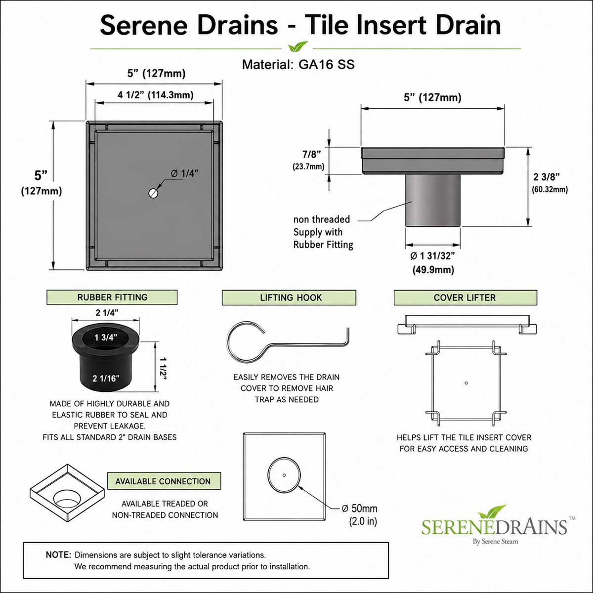 Serene Drains 5 Inch Square Tile Insert Shower Drain Technical Drawing with Dimensions