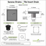 Serene Drains 5 Inch Square Tile Insert Shower Drain Technical Drawing with Dimensions