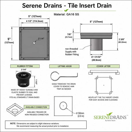 Serene Drains 5 Inch Square Tile Insert Shower Drain Technical Drawing with Dimensions