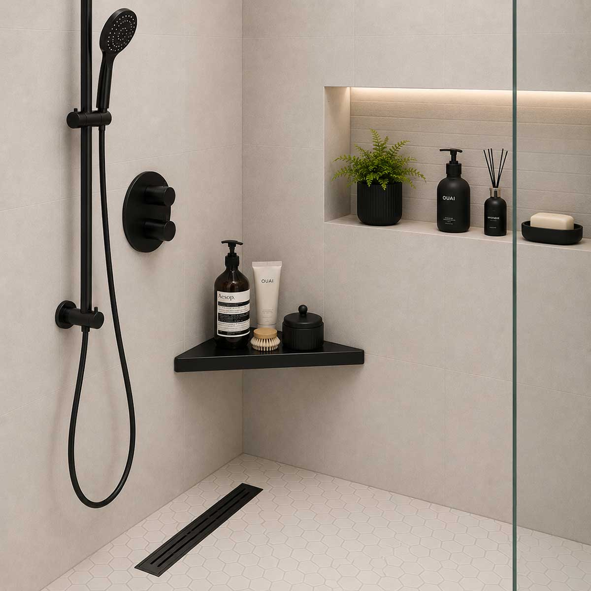 SereneDrains Matte Black Triangle Shower Shelf Modern Shower