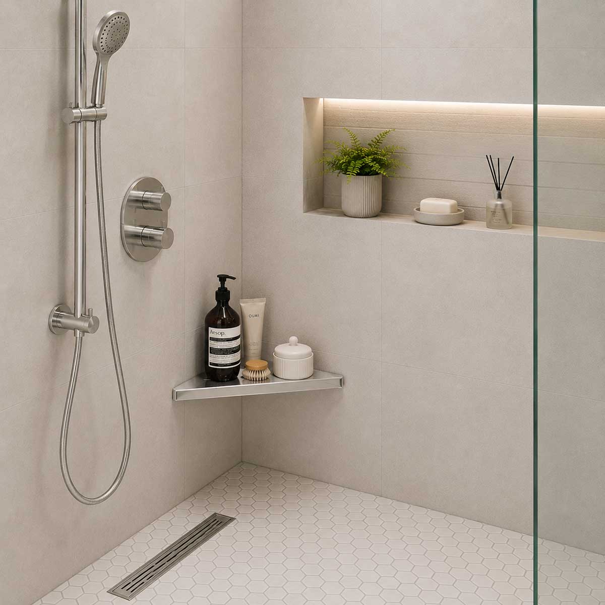 SereneDrains Triangle Brushed Stainless Steel Triangle Shower Shelf Modern Shower