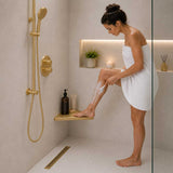 SereneDrains Triangle Satin Gold Corner Shower Shelf with Foot Rest