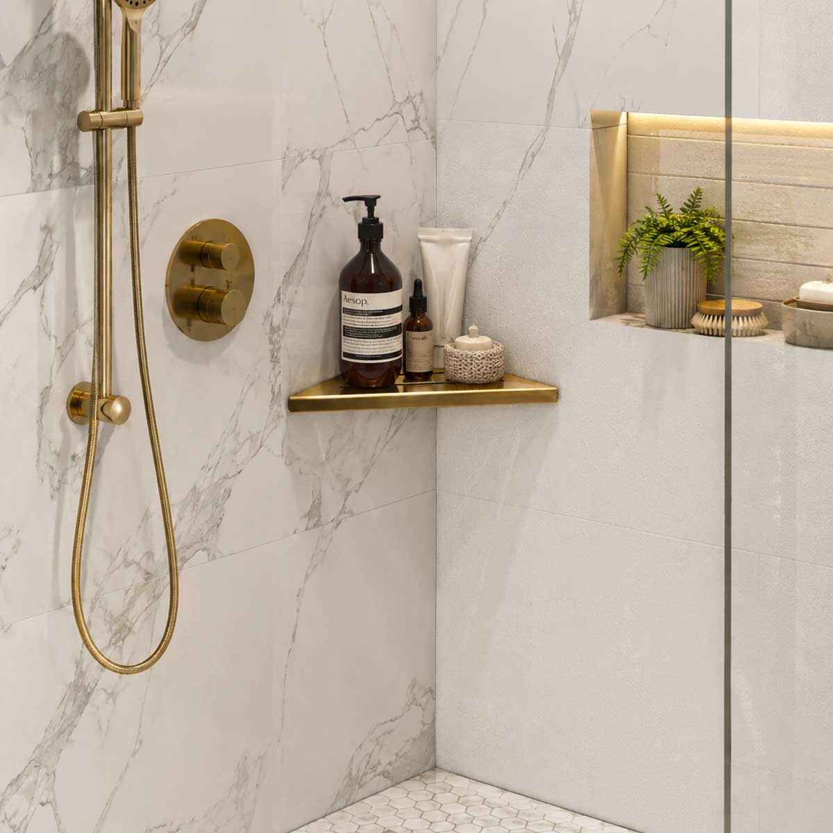 SereneDrains Satin Gold Triangle Shower Shelf Bathroom Storage
