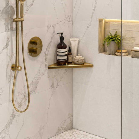 SereneDrains Satin Gold Triangle Shower Shelf Bathroom Storage