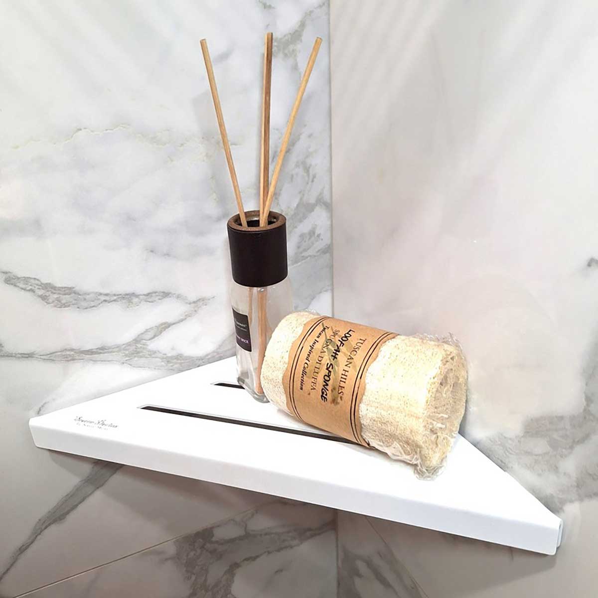 SereneDrains Triangle Matte White Shower Corner Shelf Storage