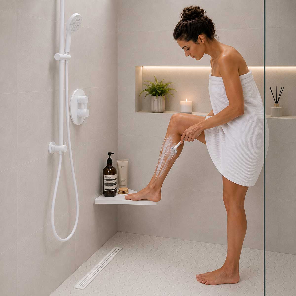 SereneDrains Matte White Triangle Shower Shelf with Foot Rest