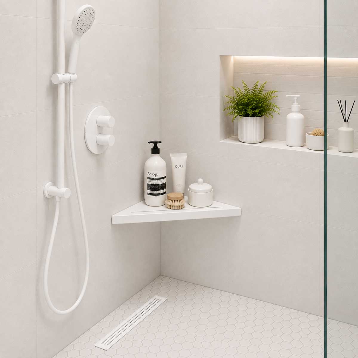 SereneDrains Matte White Triangle Shower Shelf Modern Shower