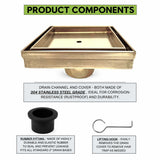 SereneDrains 5 inch square shower drain with tile insert in Satin Gold showing product components