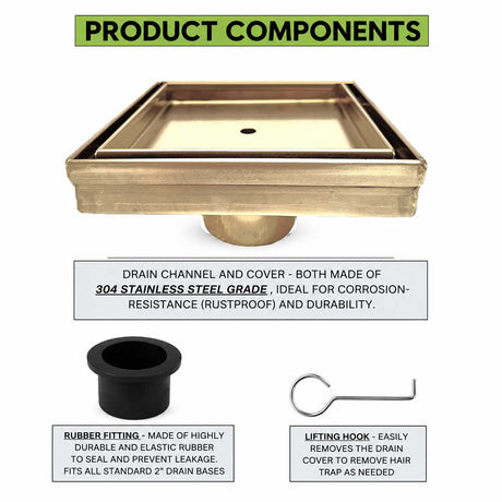 SereneDrains 5 inch square shower drain with tile insert in Satin Gold showing product components