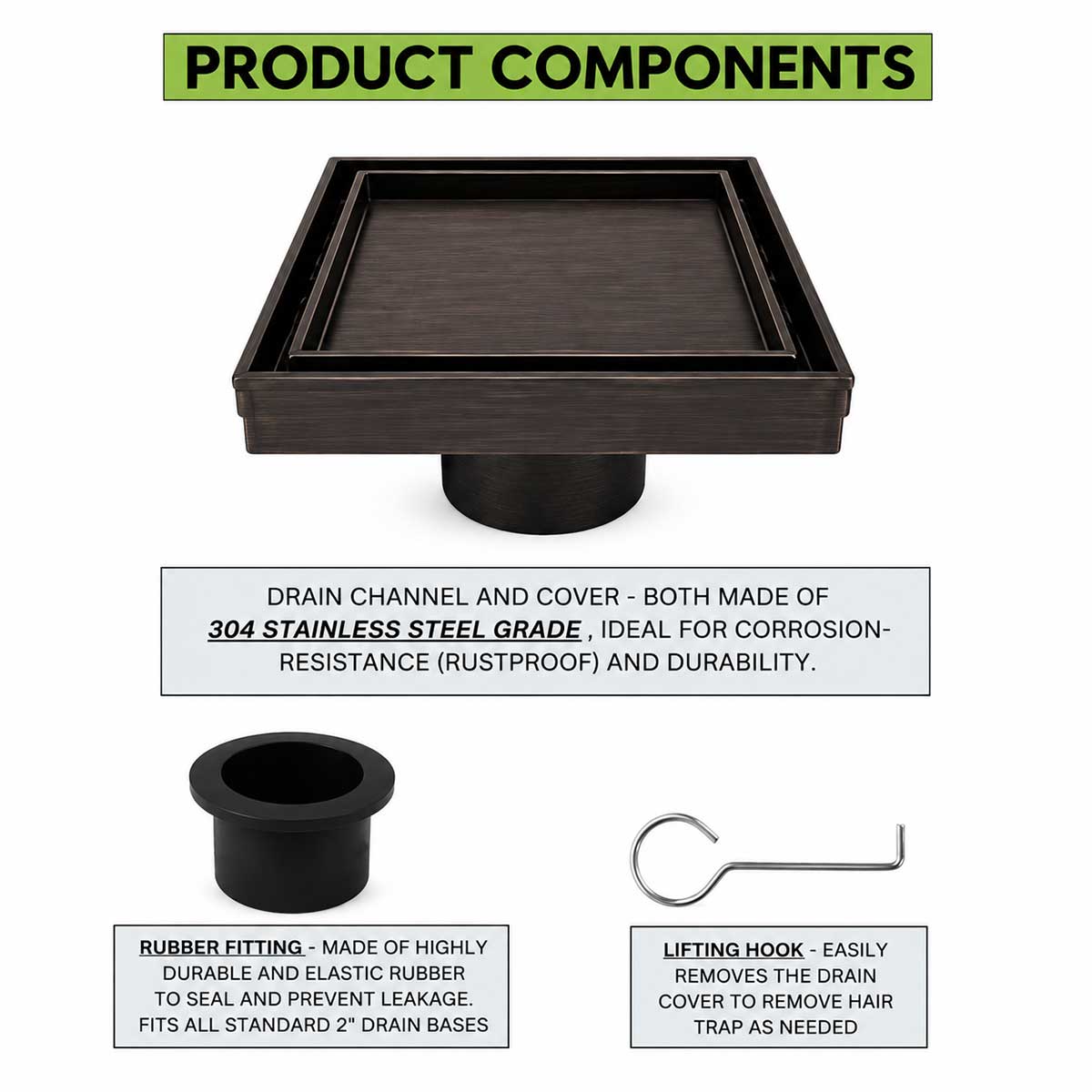 SereneDrains 5 inch square shower drain with tile insert in oil rubbed bronze showing product components