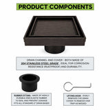 SereneDrains 5 inch square shower drain with tile insert in oil rubbed bronze showing product components