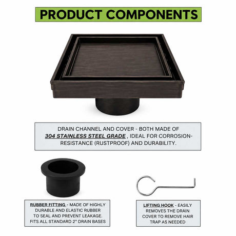 SereneDrains 5 inch square shower drain with tile insert in oil rubbed bronze showing product components