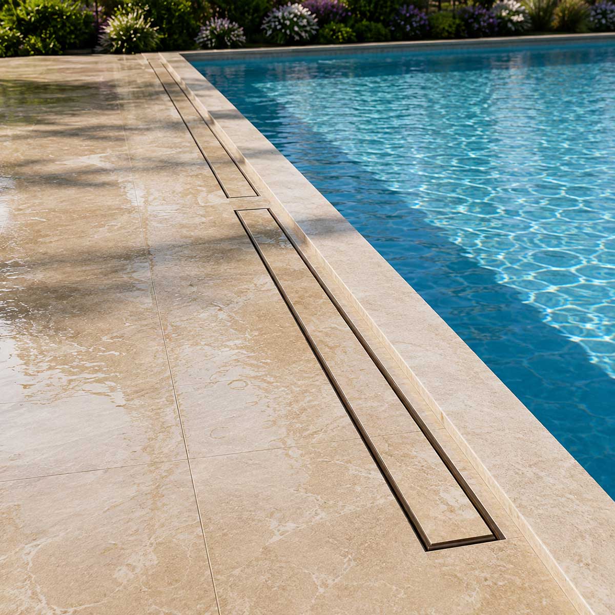 Oil rubbed bronze linear drain installed near a residential swimming pool