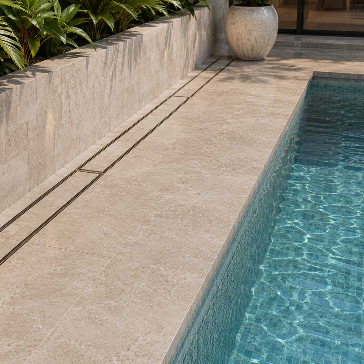 Oil rubbed bronze linear drain in a modern outdoor poolside shower area