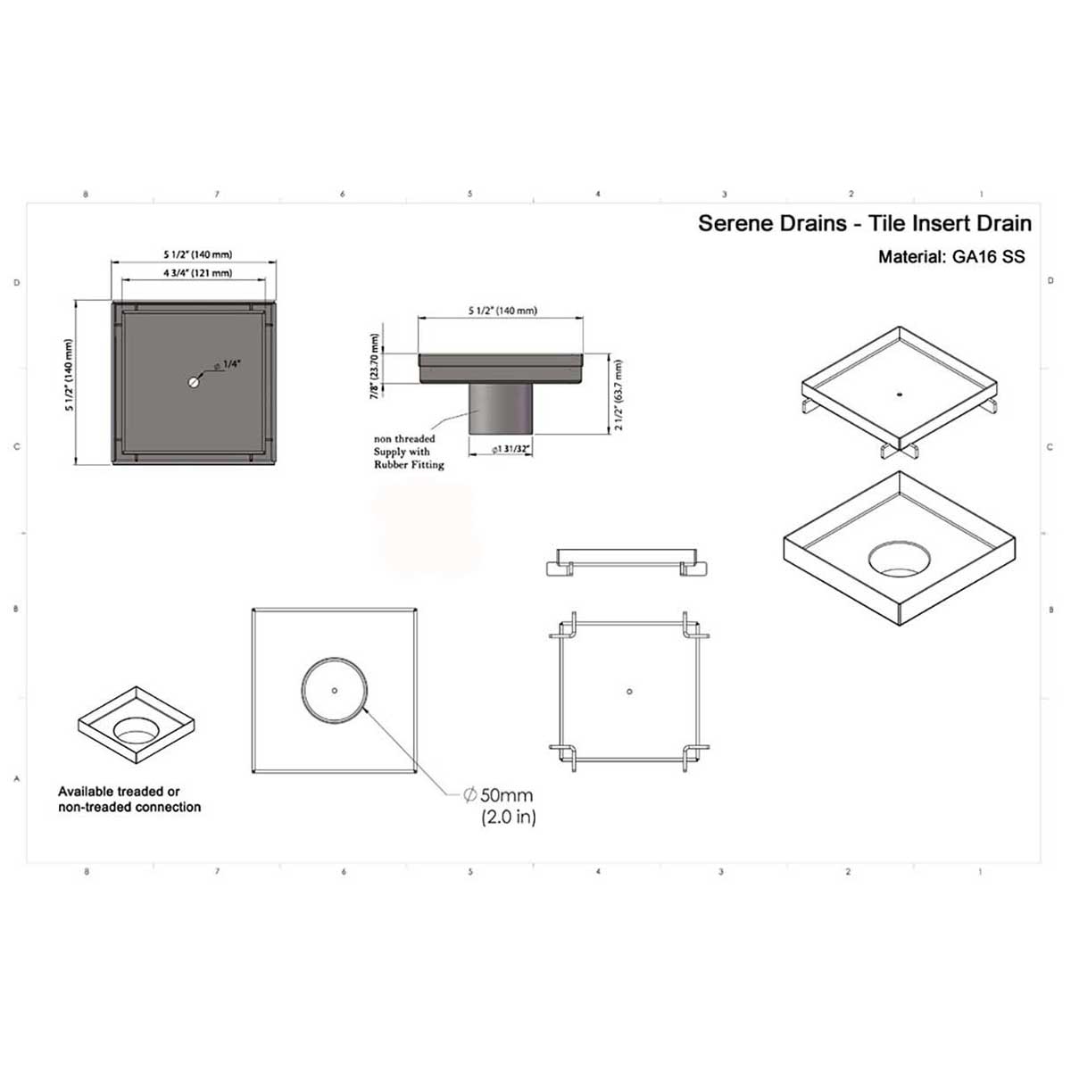 SereneDrains Wow Drain TM Side Discharge Outlet with 5 Inch Tile Insert Square Shower Drain Horizontal Low Profile