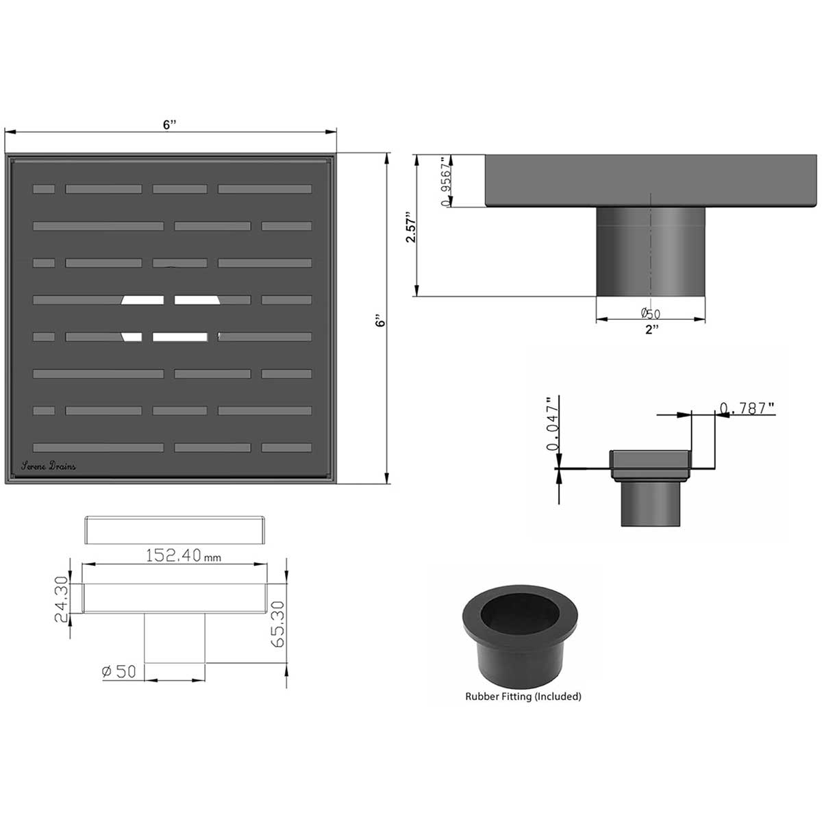 Technical drawing of a shower drain with dimensions and rubber fitting included