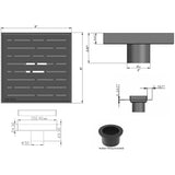 Technical drawing of a shower drain with dimensions and rubber fitting included