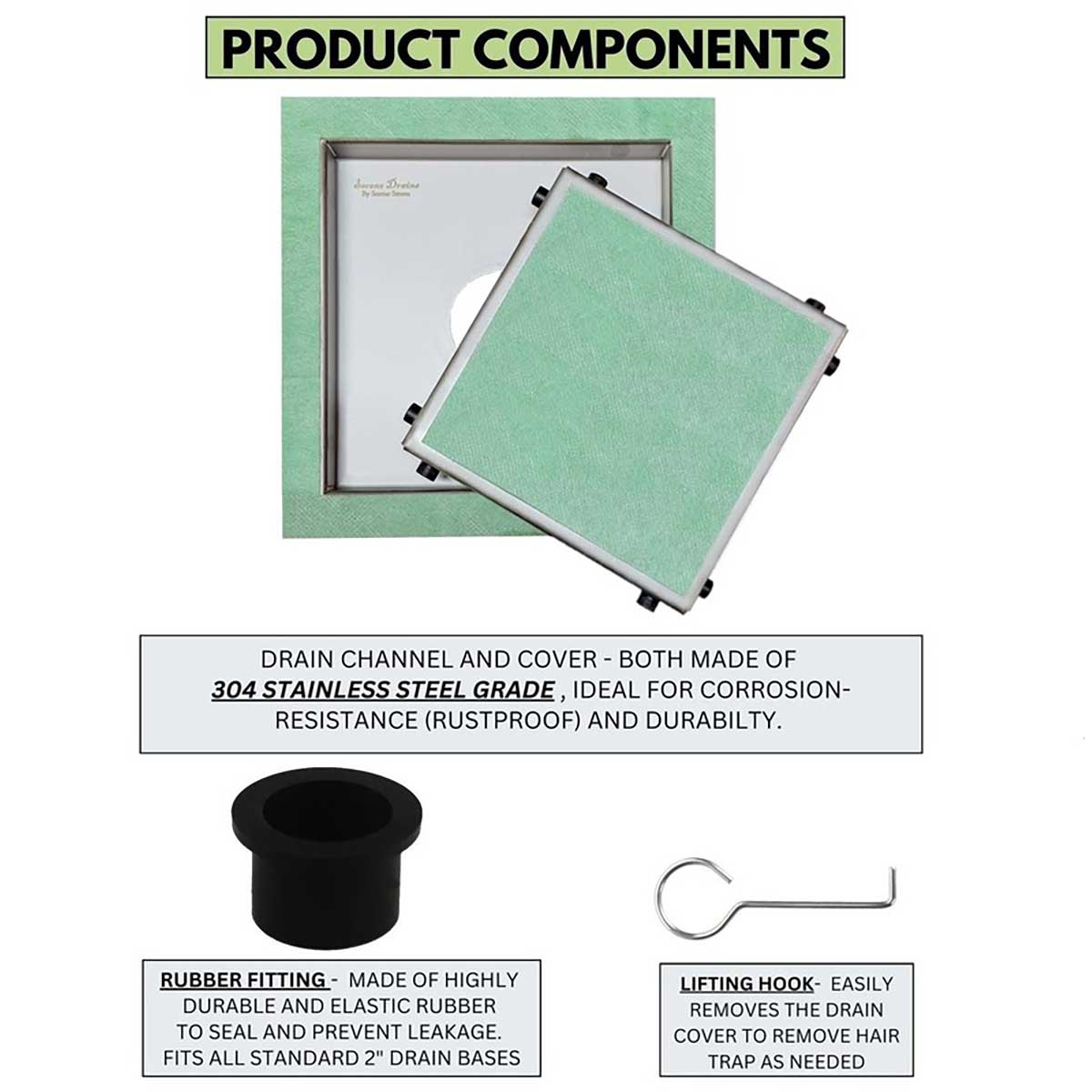 SereneDrains Square Shower Drain Invisible Hidden 6 inch